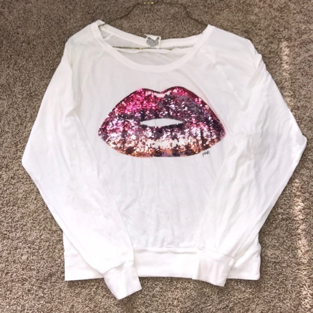 Pink white long sleeve XS women’s sequin lips